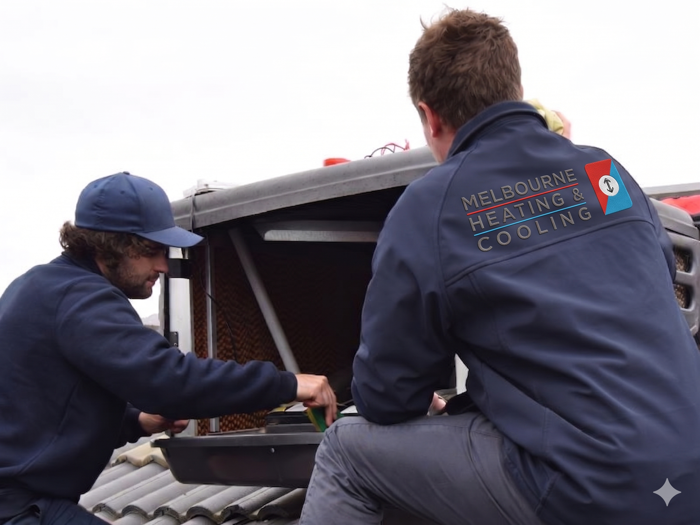 Melbourne Heating and Cooling technicians servicing an evaporative cooler on a rooftop