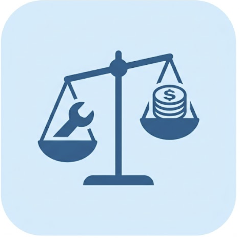 Scales weighing repair cost versus replacement cost